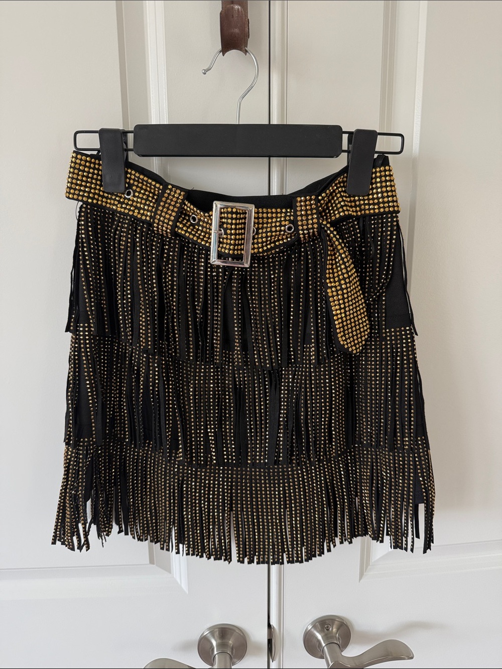 Black Mini Fringe Skirt with Gold Stud Belt